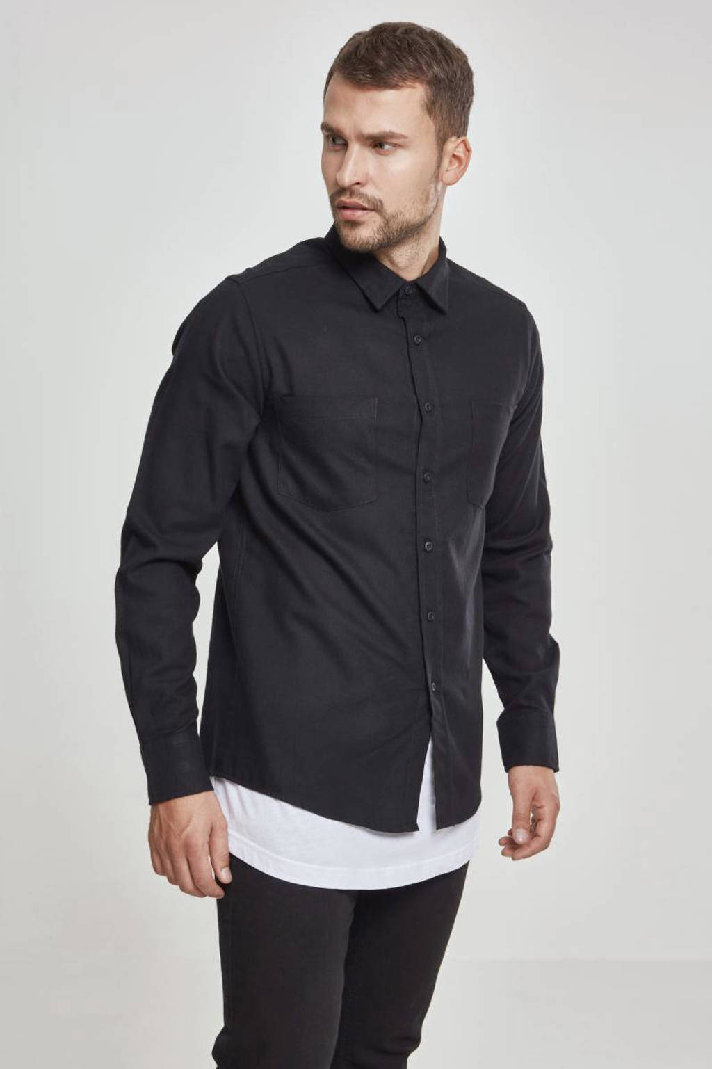 Zwarte heren Urban Classics flanellen slim fit overhemd met lange mouwen en klassieke kraag