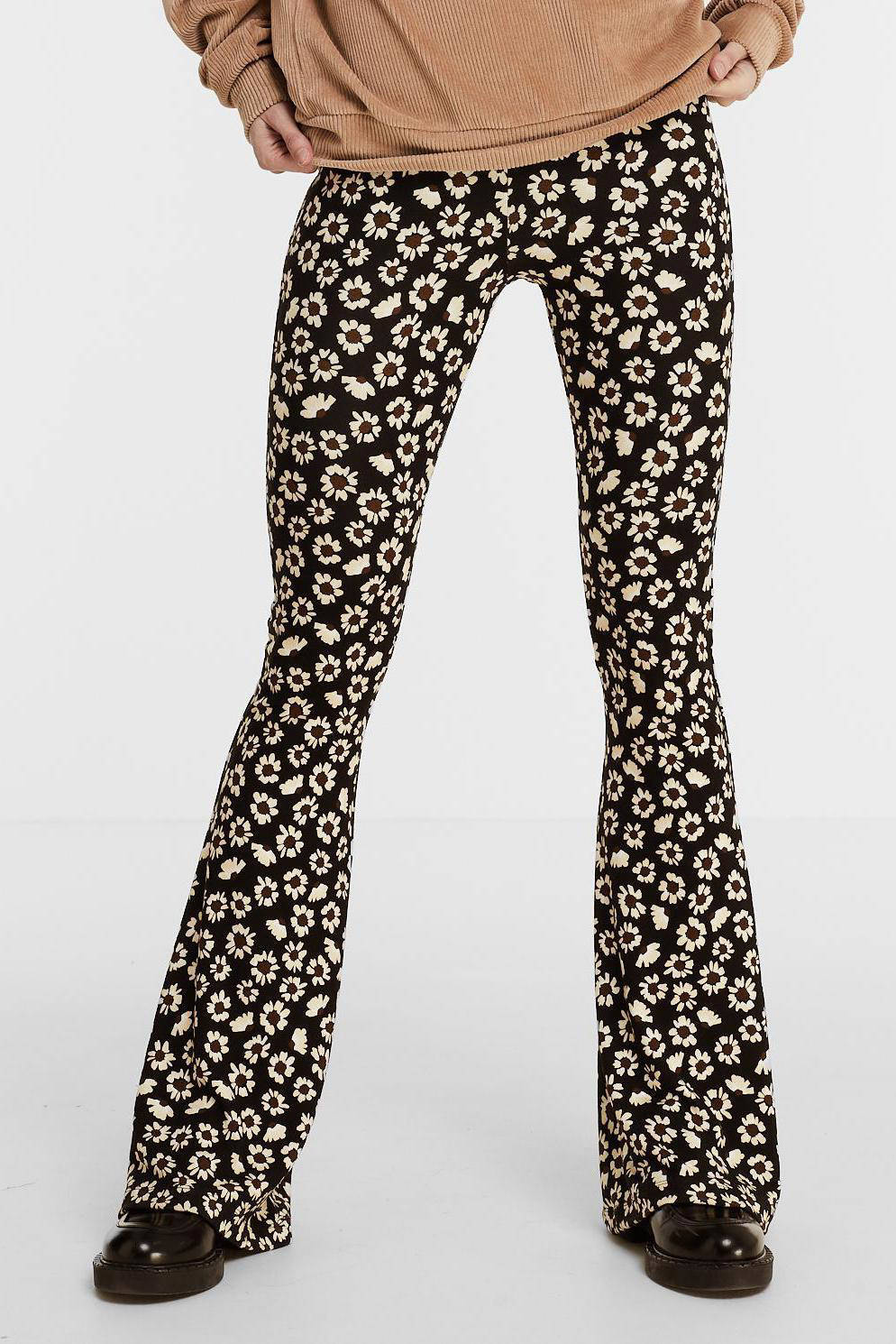 Catwalk Junkie gebloemde flared broek zwart/bruin/lichtgeel | wehkamp