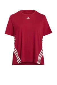 Donkerrood en witte dames adidas Performance Plus Size sport T-shirt van gerecycled polyester met korte mouwen en ronde hals