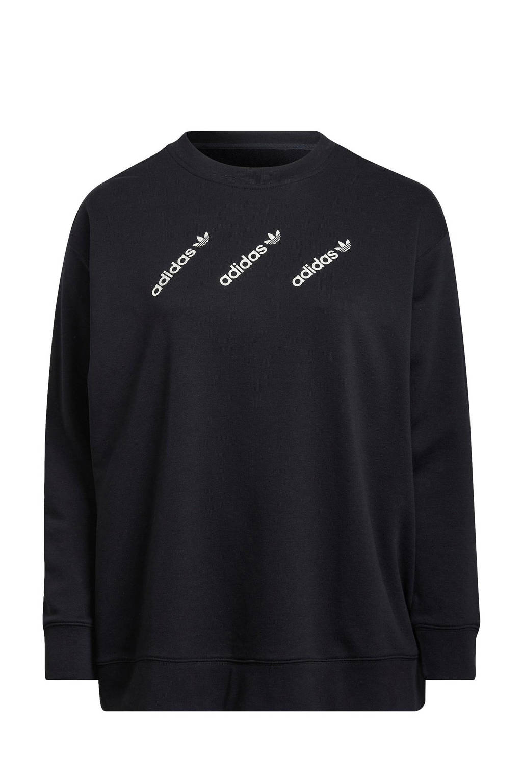 Zwarte dames adidas Originals Plus Size sweater van katoen met logo dessin, lange mouwen, ronde hals en geribde boorden
