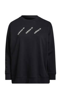 Zwarte dames adidas Originals Plus Size sweater van katoen met logo dessin, lange mouwen, ronde hals en geribde boorden