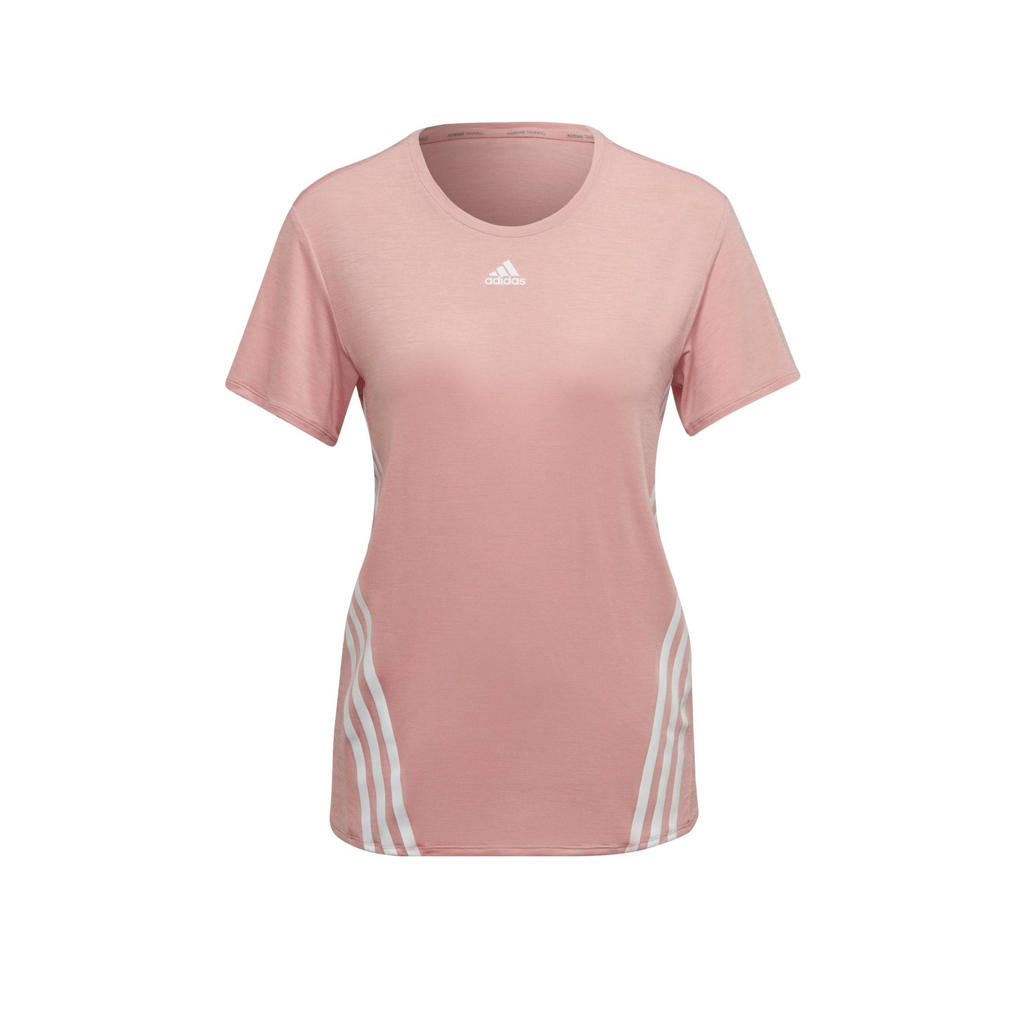 Lichtroze en witte dames adidas Performance sport T-shirt van gerecycled polyester met korte mouwen en ronde hals
