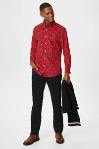 Rode heren C&A slim fit overhemd van polyester met all over print, lange mouwen en button down sluiting