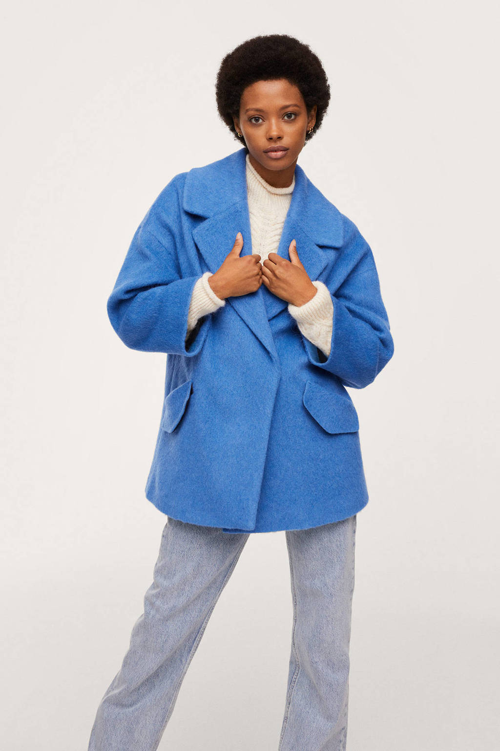 Blauwe dames Mango coat van wol met lange mouwen, reverskraag en blinde knoopsluiting