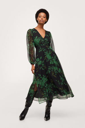 gebloemde semi-transparante A-lijn jurk zwart/groen