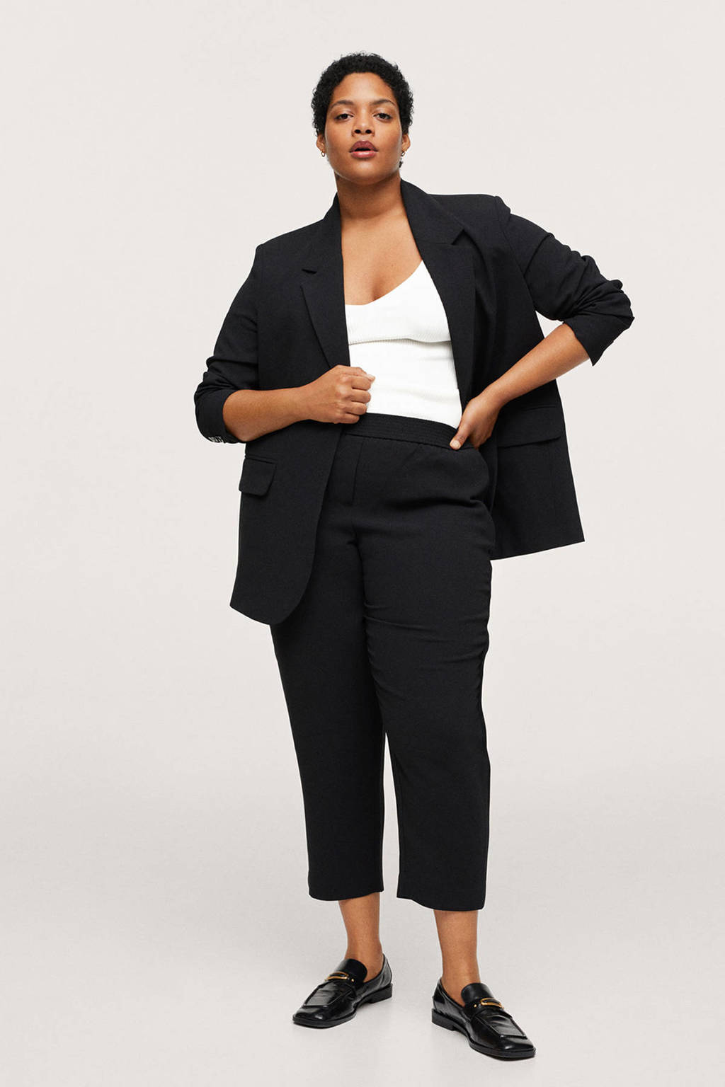 Zwarte dames Mango Plus Size blazer van polyester met lange mouwen, reverskraag en schoudervulling
