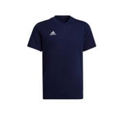 thumbnail: Donkerblauwe jongens en meisjes adidas Performance Junior sport T-shirt van katoen met logo dessin, korte mouwen en V-hals