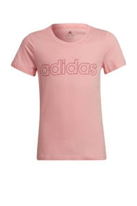 Roze en donkerrode meisjes adidas Performance sport T-shirt van katoen met logo dessin, korte mouwen en ronde hals