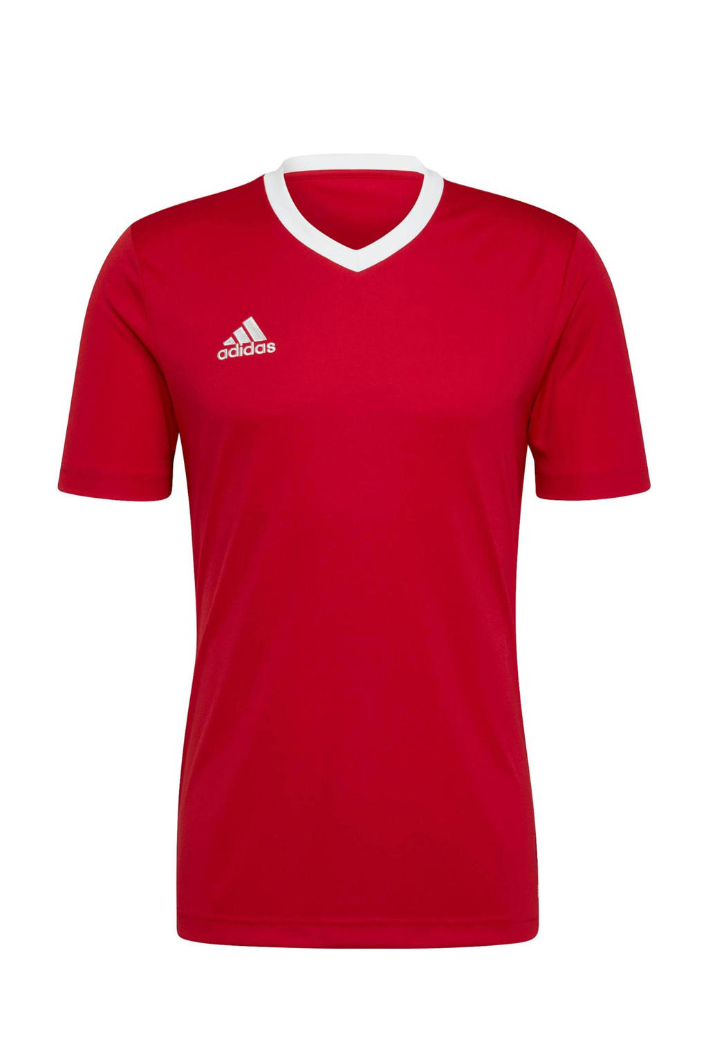 Rode heren adidas Performance Senior sport T-shirt van gerecycled polyester met logo dessin, korte mouwen en V-hals