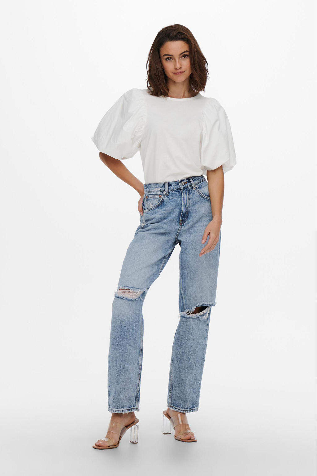 Blauwe dames ONLY high waist straight fit jeans van denim met rits- en knoopsluiting