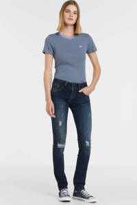 Donkerblauwe dames LTB slim fit jeans Molly M van stretchdenim met regular waist