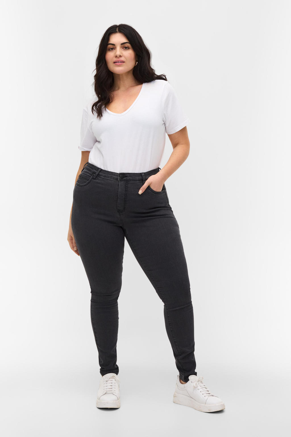 Antraciete dames Zizzi high waist super slim fit jeans Amy van stretchdenim met skinny fit
