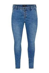 Lichtblauwe dames Zizzi skinny jeans van stretchdenim met regular waist en knoopsluiting