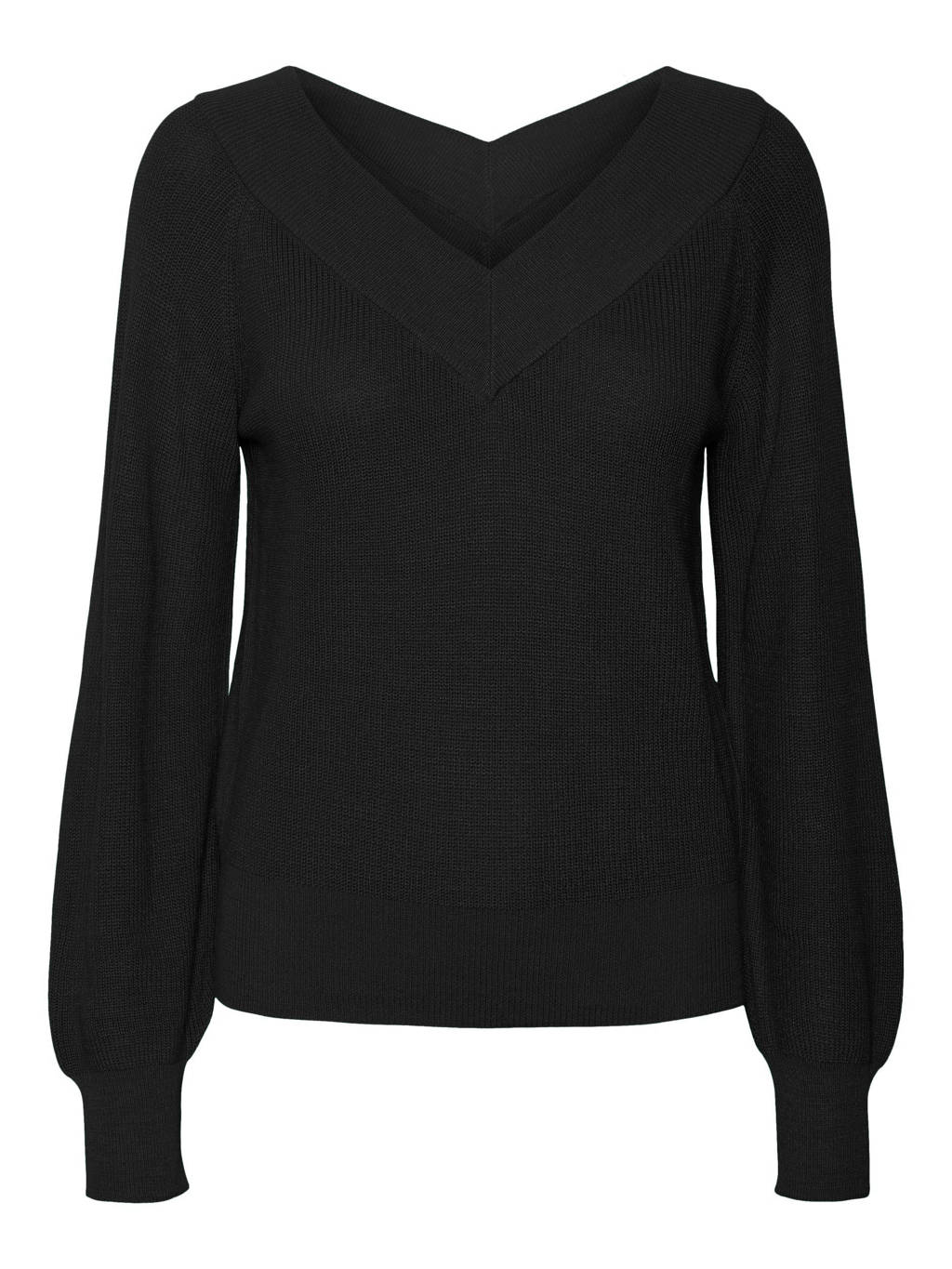 Zwarte dames VERO MODA gebreide trui met lange mouwen, V-hals en ballonmouwen