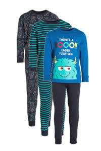 C&A   pyjama - set van 3 blauw/grijs/groen, Donkerblauw/grijs/groen