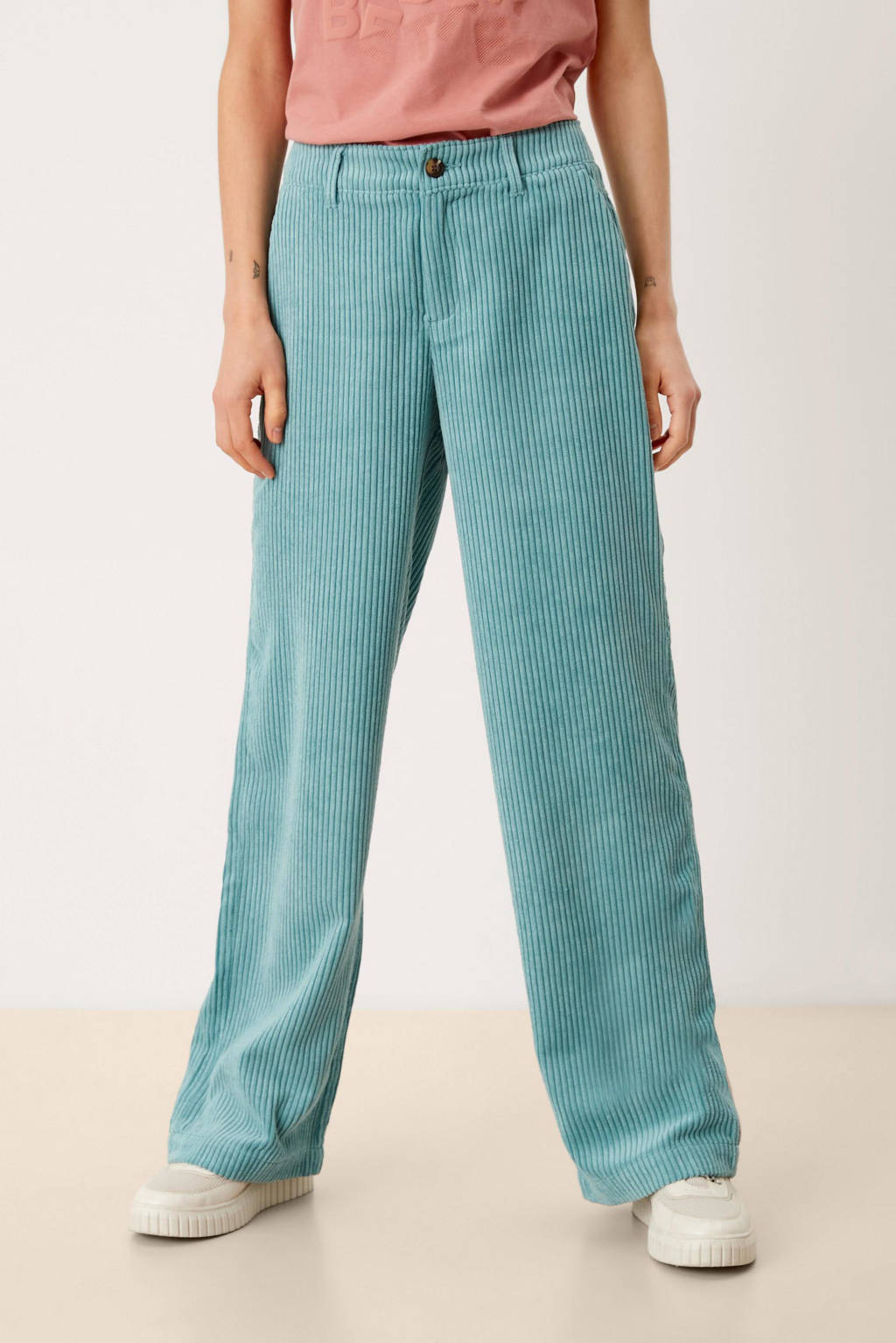 Turquoise dames s.Oliver corduroy wide leg broek met regular waist en rits- en knoopsluiting