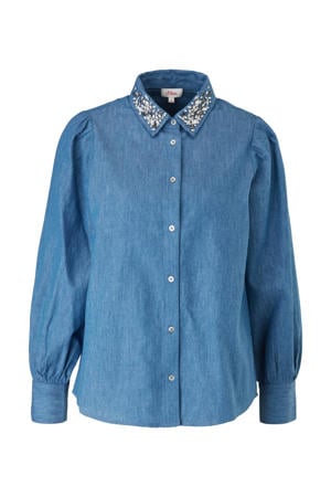denim blouse met sierstenen blauw