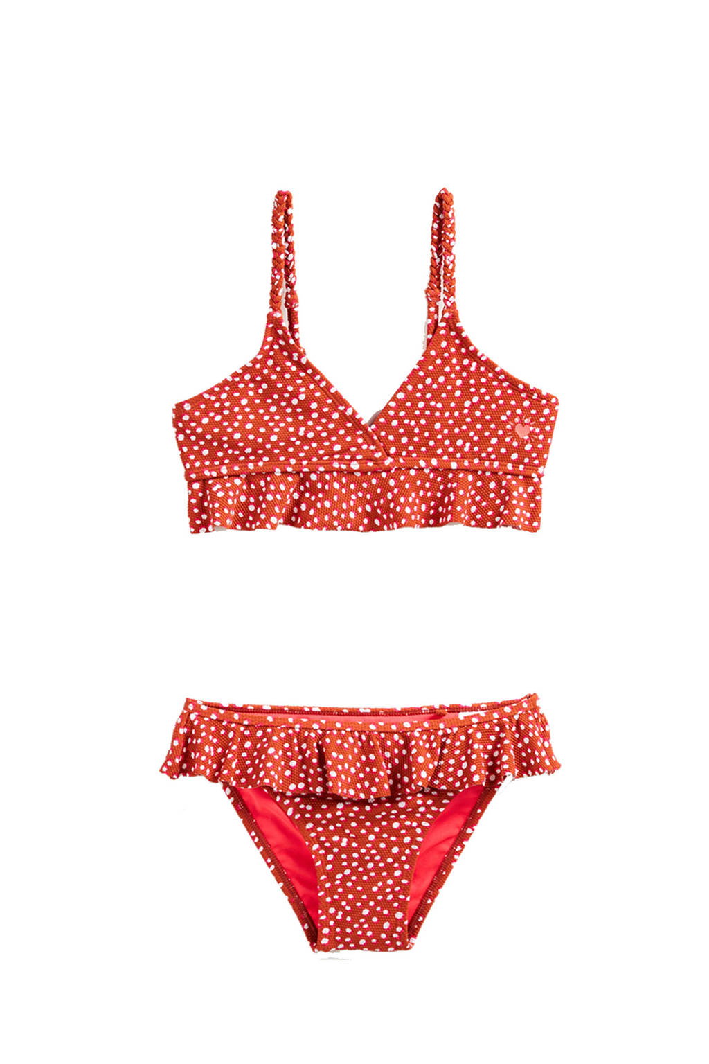 WE Fashion crop bikini met stippen en ruches oranje/wit, Oranje/wit