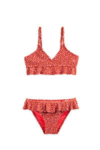 WE Fashion crop bikini met stippen en ruches oranje/wit, Oranje/wit