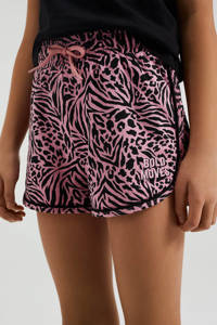 Roze en zwarte meisjes WE Fashion slim fit sweatshort met elastische tailleband met koord en dierenprint