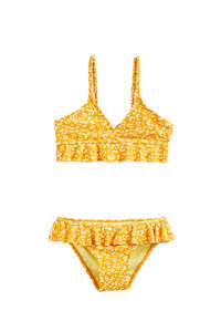 WE Fashion crop bikini met panterprint en ruches geel/wit, Geel/wit