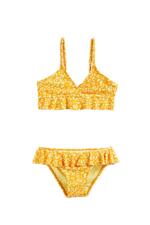 crop bikini met panterprint en ruches geel/wit