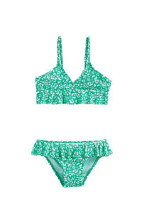 WE Fashion crop bikini met panterprint en ruches groen/wit, Groen/wit