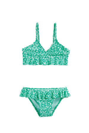 crop bikini met panterprint en ruches groen/wit