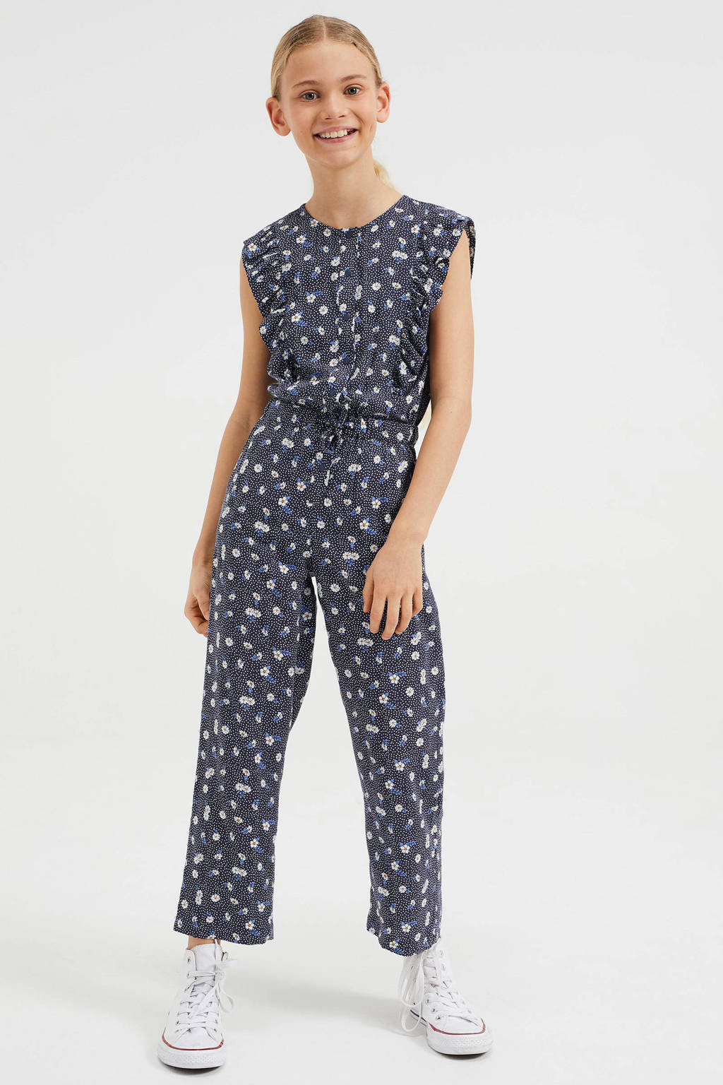 WE Fashion jumpsuit met all over print donkerblauw/wit