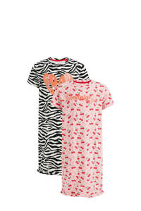 WE Fashion nachthemd - set van 2 roze/wit/zwart