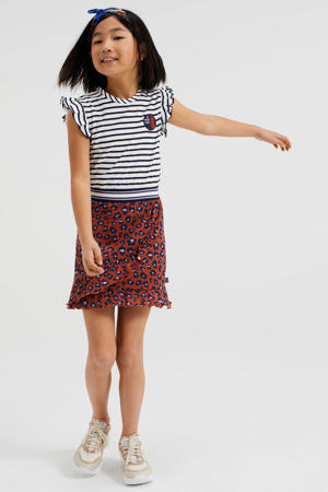 jurk met all over print en ruches donkerrood/donkerblauw/wit