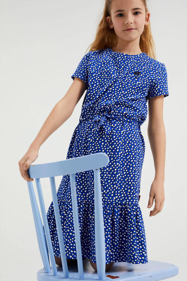 leer wijsheid wapen WE Fashion A-lijn jurk met stippen en volant blauw/wit | wehkamp