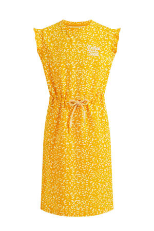 jurk met all over print en ruches geel/wit