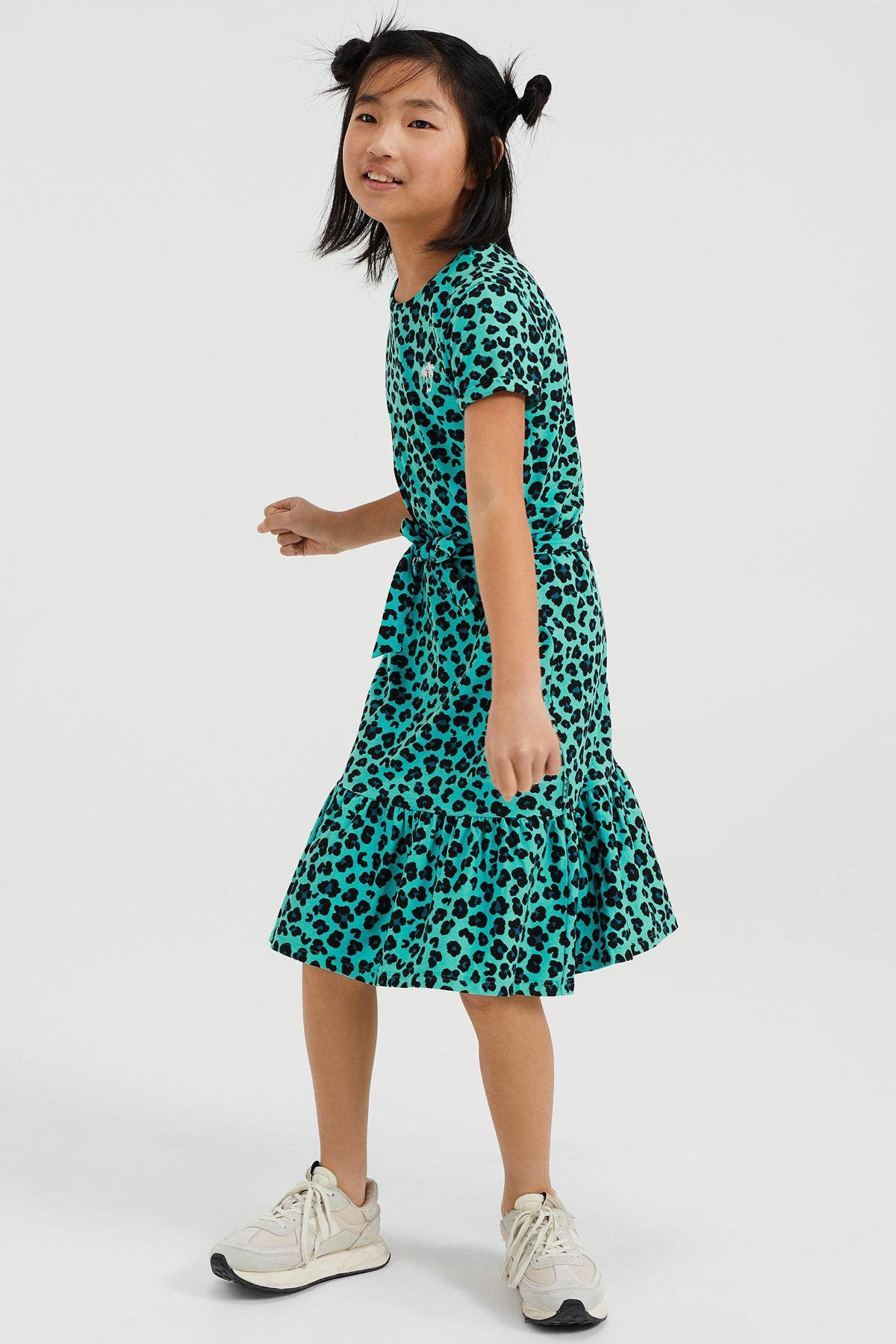 WE Fashion A-lijn jurk met panterprint en volant groen/zwart
