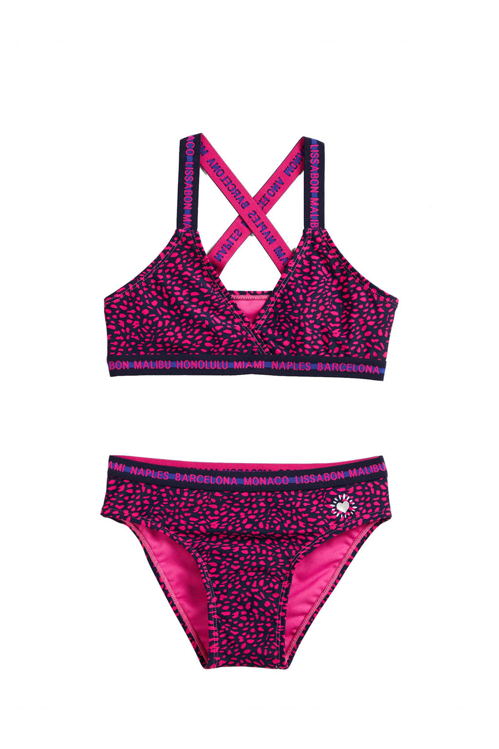 WE Fashion crop bikini met all over print donkerblauw/roze, Donkerblauw/roze