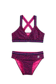 thumbnail: WE Fashion crop bikini met all over print donkerblauw/roze
