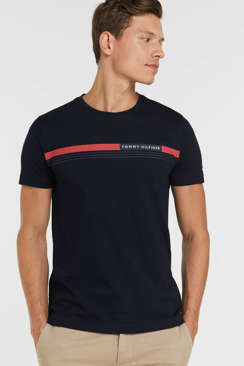 Donkerblauwe heren Tommy Hilfiger T-shirt Corp katoen met logo dessin, korte mouwen en ronde hals