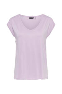 Lilakleurige dames PIECES T-shirt van modal met kapmouwtjes en V-hals