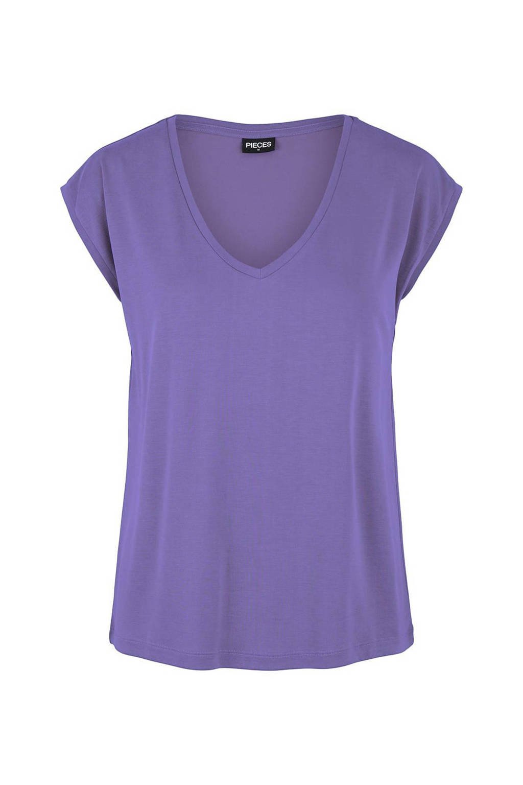 Paarse dames PIECES T-shirt van modal met kapmouwtjes en V-hals