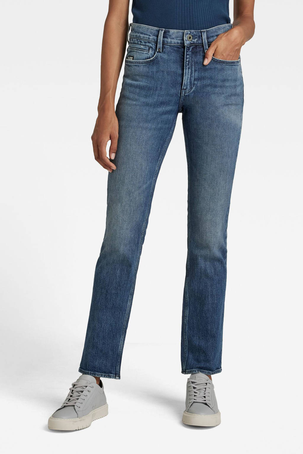Lichtblauwe dames G-Star RAW Noxer Straight low waist straight fit jeans van duurzaam stretchdenim met rits- en knoopsluiting