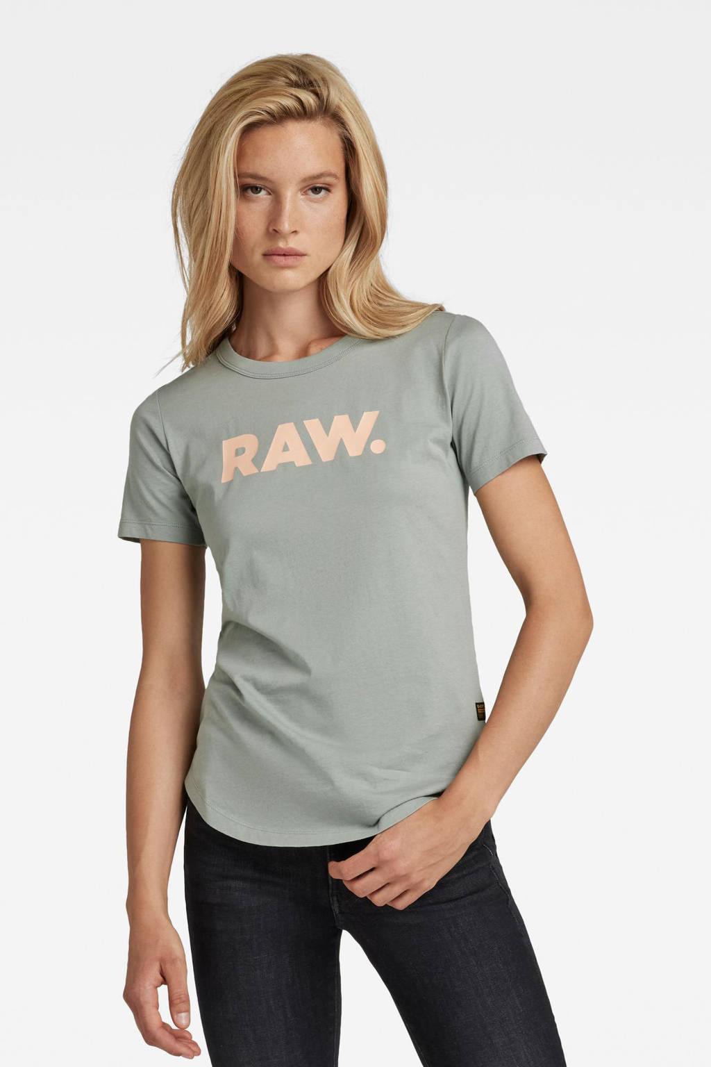 Lichtgroene dames G-Star T-shirt van gerecycled katoen (duurzaam) met logo dessin, korte mouwen en ronde hals
