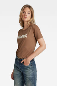 Bruine dames G-Star T-shirt van gerecycled katoen (duurzaam) met logo dessin, korte mouwen en ronde hals