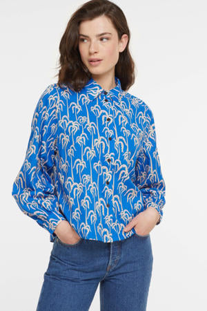 blouse met all over print en plooien blauw/beige
