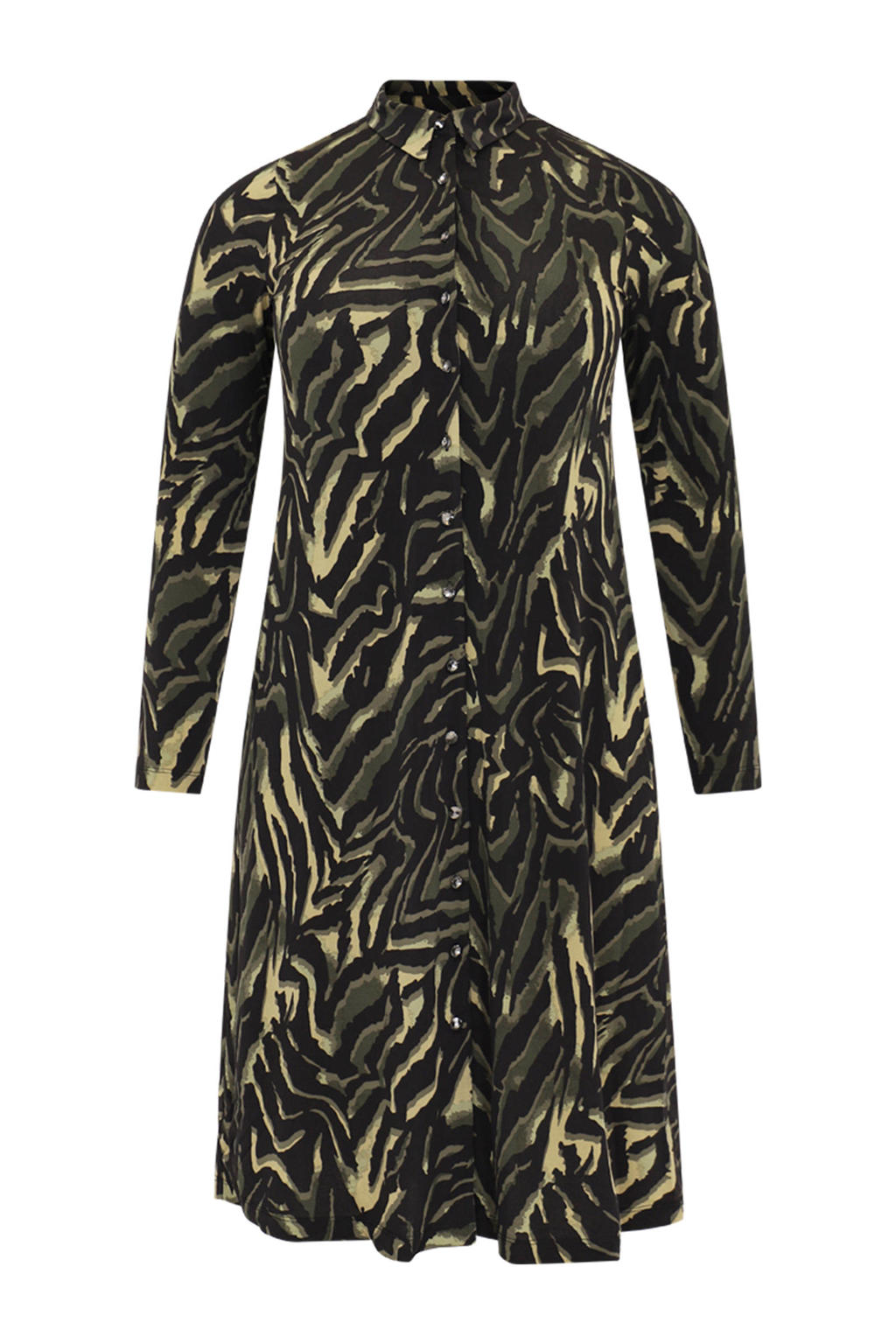Olijfgroen, lichtgroen en zwarte dames Yoek jurk van polyester met zebraprint, lange mouwen, klassieke kraag en knoopsluiting