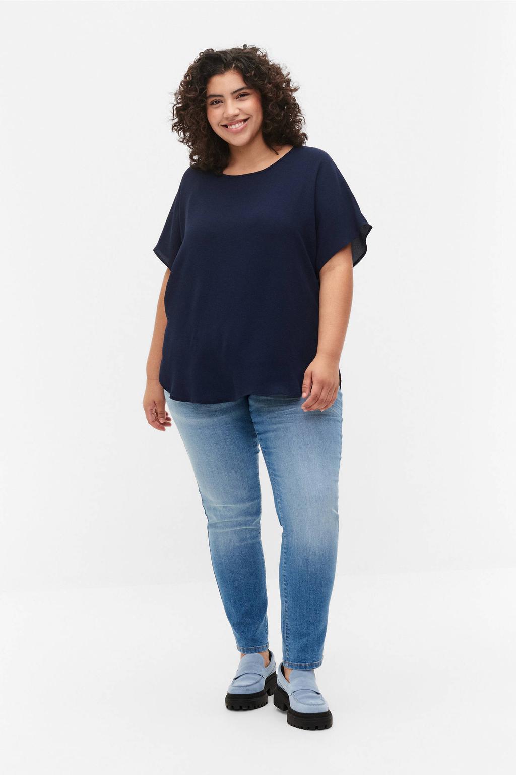 Zizzi geweven top VANNI, S/S, TOP donkerblauw