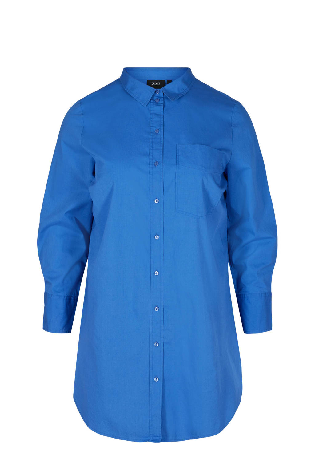 Blauwe dames Zizzi blouse van biologisch katoen met lange mouwen, klassieke kraag en knoopsluiting