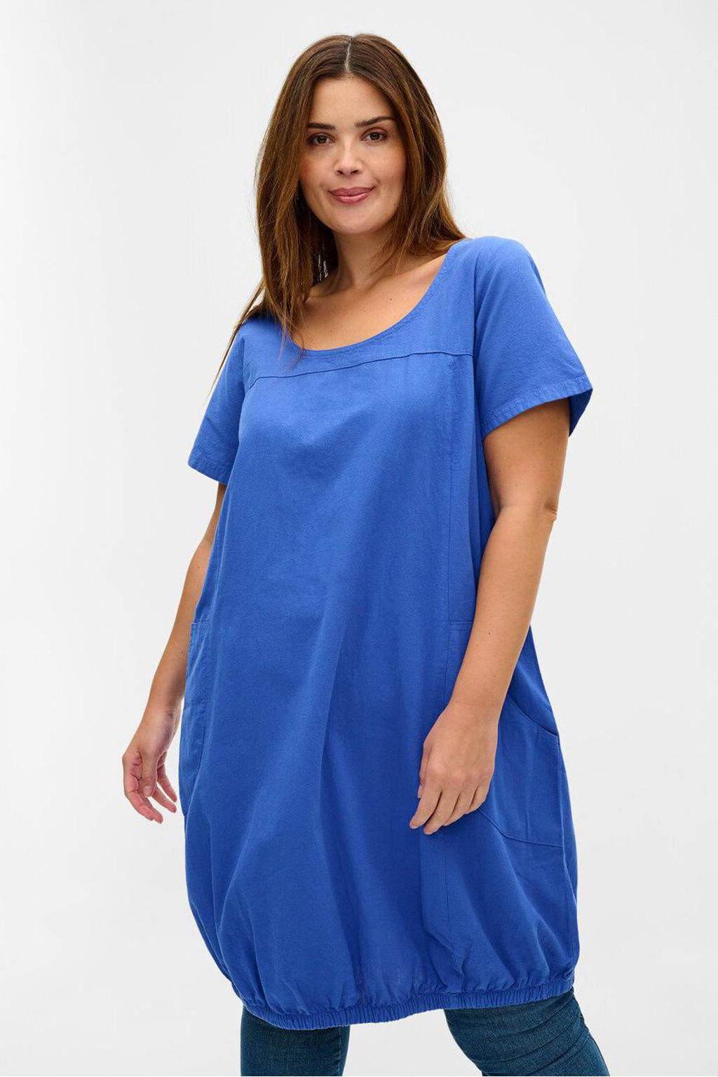 Zizzi korte jurk met elastische boord JEASY blauwpaars