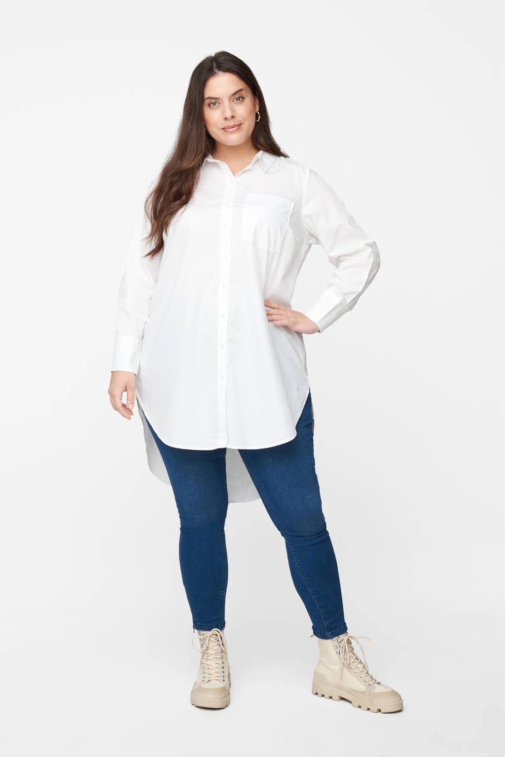 Witte dames Zizzi blouse van biologisch katoen met lange mouwen, klassieke kraag en knoopsluiting