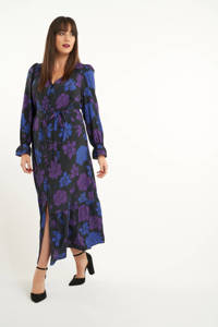 MS Mode gebloemde maxi jurk zwart/paars/blauw, Zwart/paars/blauw