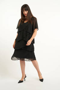 Zwarte dames MS Mode semi-transparante jurk van polyester met korte mouwen, V-hals en knoopsluiting